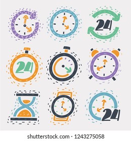 Vector cartoon illustration of Simple Set of Time Related Line Icons. Timer, Speed, Alarm, Restore, Management, Calendar and more. Time and clock wristwatch, hourglass, round the clock symbols.