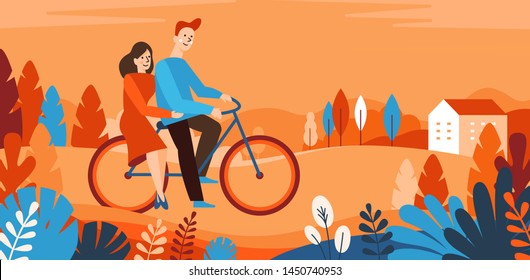 Dibujo de dibujos animados en estilo simple con personajes - pareja feliz montando bicicleta en el parque - deportes y actividades al aire libre - tarjeta de saludo de otoño
