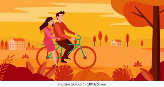 Vector cartoon illustration in simple style with characters - happy couple riding bicycle in the park, sports and leisure outdoor activity, autumn greeting card