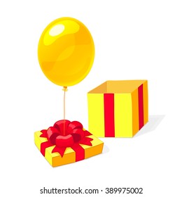 vector Cartoon illustration. Single Gift open wrapping and a yellow helium balloon. Colorful print art. Clip art isolated on white background. EPS 10 without mesh