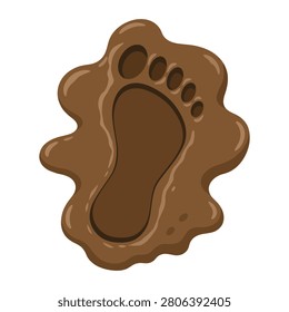 Vector cartoon illustration of a single human bare foot step imprint pressed deeply into a puddle of wet, messy brown mud on a white background.