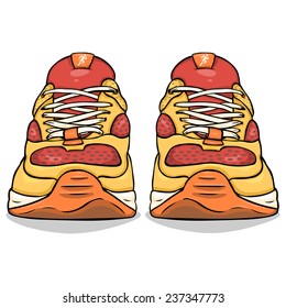 Vector Cartoon Illustration - Single Red And Yellow Running Shoes. Front View.