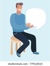 Vector cartoon illustration of sitting man hold text messages speech bublle.