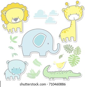 vector cartoon illustration of six cute baby animals and jungle leaves isolated on white background, ideal for nursery art decoration or scrapbook projects