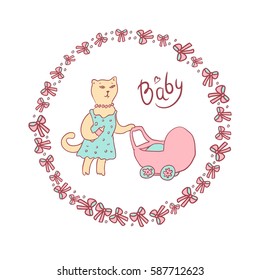 Vector cartoon illustration of a sketch in pastel colors. Mama cat walking with a baby stroller. Round frame with bows and balls