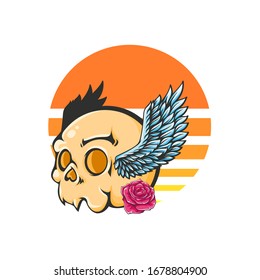 Vector cartoon illustration of skull with wings, rose and sunset, vector illustration isolated on white background