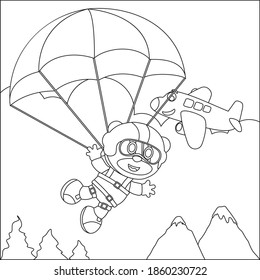 Dibujo vectorial de paracaidismo con oso, plano y nubes, con dibujos animados Diseño infantil para niños actividad libro de colorear o página