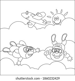 Vector cartoon illustration of skydiving with litlle monkey and dog, plane and clouds,  with cartoon style Childish design for kids activity colouring book or page.