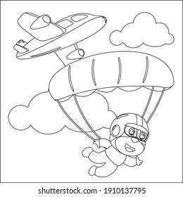 Vector cartoon illustration of skydiving with litlle tiger, plane and clouds,  with cartoon style Childish design for kids activity colouring book or page.