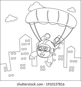 Dibujo vectorial de paracaidismo con mono, avión y nubes, con dibujos animados Diseño infantil para niños actividad libro de colorear o página.