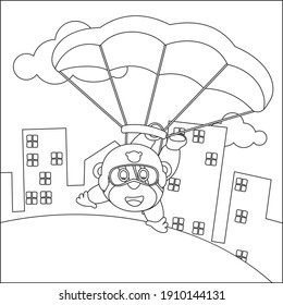 Vector cartoon illustration of skydiving with litlle tiger, plane and clouds,  with cartoon style Childish design for kids activity colouring book or page.