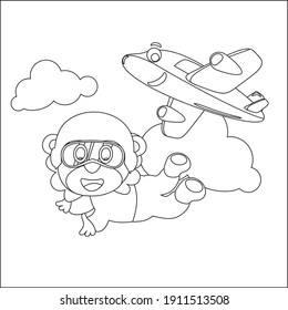 Vektorgrafik-Illustration von Skydiving mit lilligem Löwen, Flugzeug und Wolken, mit Cartoon Stil Childish Design für Kinder Aktivität Farbbuch oder Seite.