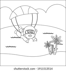 Vector cartoon illustration of skydiving with litlle bear, plane and clouds,  with cartoon style Childish design for kids activity colouring book or page.