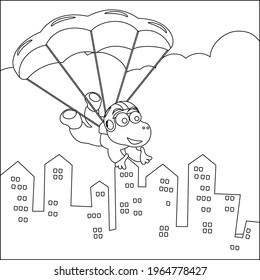 Vector cartoon illustration of skydiving with litlle dinosaur with cartoon style Childish design for kids activity colouring book or page.