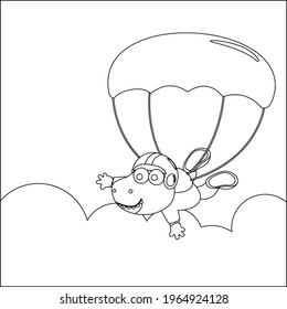 Vector cartoon illustration of skydiving with litlle dinosaur with cartoon style Childish design for kids activity colouring book or page.