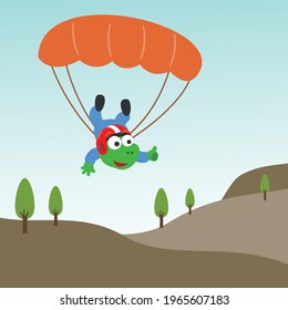 Vector cartoon illustration of skydiving with litlle dinosaur with cartoon style. Creative vector childish background for fabric textile, nursery wallpaper, poster, card, brochure. vector illustration