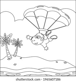 Vector cartoon illustration of skydiving with litlle dinosaur with cartoon style Childish design for kids activity colouring book or page.