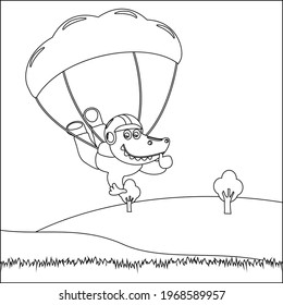 Vector cartoon illustration of skydiving with litlle dinosaur with cartoon style Childish design for kids activity colouring book or page.