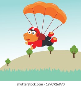 Vector cartoon illustration of skydiving with litlle dinosaur with cartoon style. Creative vector childish background for fabric textile, nursery wallpaper, poster, card, brochure. vector illustration