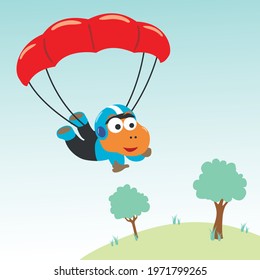 Vector cartoon illustration of skydiving with litlle dinosaur with cartoon style. Creative vector childish background for fabric textile, nursery wallpaper, poster, card, brochure. vector illustration