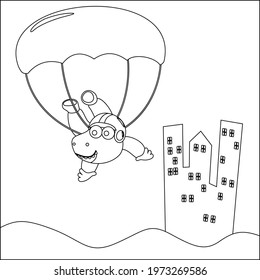Vector cartoon illustration of skydiving with litlle dinosaur with cartoon style Childish design for kids activity colouring book or page.