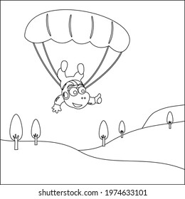 Vector cartoon illustration of skydiving with litlle dinosaur with cartoon style Childish design for kids activity colouring book or page.