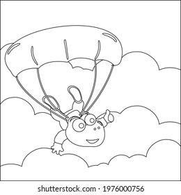 Vector cartoon illustration of skydiving with litlle dinosaur with cartoon style Childish design for kids activity colouring book or page.