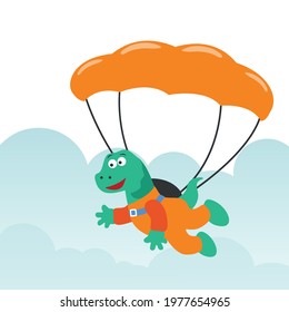 Vector cartoon illustration of skydiving with litlle dinosaur with cartoon style. Creative vector childish background for fabric textile, nursery wallpaper, poster, card, brochure. vector illustration