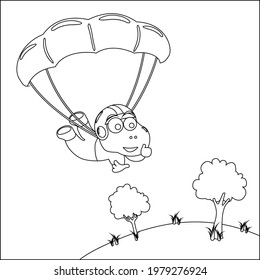 Vector cartoon illustration of skydiving with litlle dinosaur with cartoon style Childish design for kids activity colouring book or page.