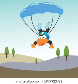 Vector cartoon illustration of skydiving with litlle dinosaur with cartoon style. Creative vector childish background for fabric textile, nursery wallpaper, poster, card, brochure. vector illustration
