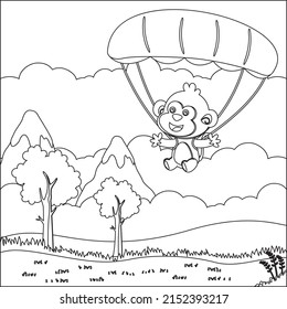 Vector cartoon illustration of skydiving with litlle monkey with cartoon style Childish design for kids activity colouring book or page.