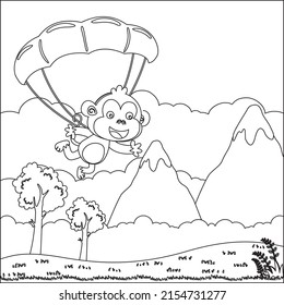 Dibujo vectorial de paracaidismo con mono de lima con dibujos animados Diseño infantil para niños actividad libro de colorear o página.