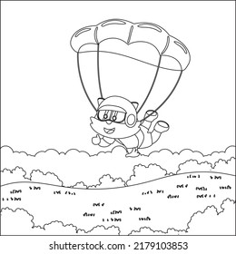 Vector cartoon illustration of skydiving with litlle fox with cartoon style Childish design for kids activity colouring book or page.