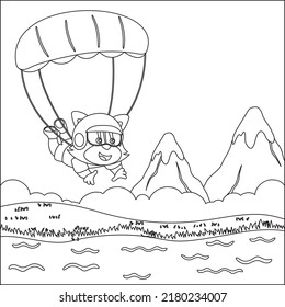 Vector cartoon illustration of skydiving with litlle fox with cartoon style Childish design for kids activity colouring book or page.