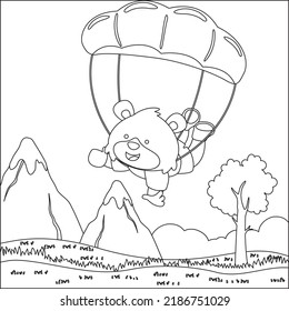 Dibujo vectorial de paracaidismo con zorro lúgubre con dibujos animados Diseño infantil para niños actividad libro de colorear o página.