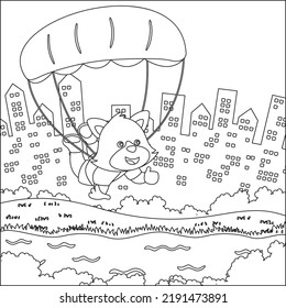 Vector cartoon illustration of skydiving with litlle fox with cartoon style Childish design for kids activity colouring book or page.