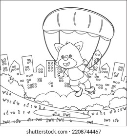 Vector cartoon illustration of skydiving with litlle fox with cartoon style Childish design for kids activity colouring book or page.