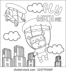 Vector cartoon illustration of skydiving with litlle bear with cartoon style Childish design for kids activity colouring book or page.