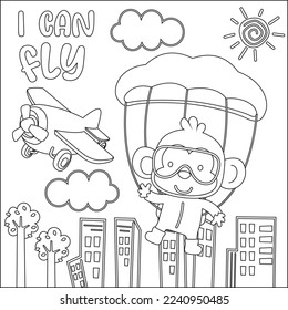 Vector cartoon illustration of skydiving with litlle bear with cartoon style Childish design for kids activity colouring book or page.