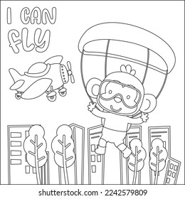 Vector cartoon illustration of skydiving with litlle monkey with cartoon style Childish design for kids activity colouring book or page.