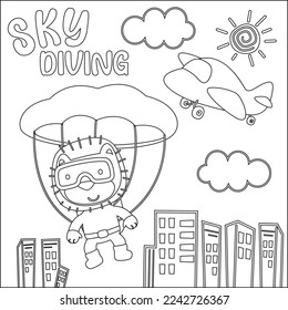 Vector cartoon illustration of skydiving with litlle lion with cartoon style Childish design for kids activity colouring book or page.