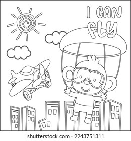 Vector cartoon illustration of skydiving with litlle monkey with cartoon style Childish design for kids activity colouring book or page.