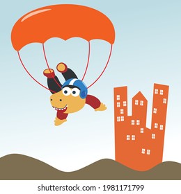 Vector cartoon illustration of skydiving with little dinosaur in cartoon style. Creative vector childish background for fabric textile, nursery wallpaper, poster, card, brochure. vector illustration
