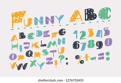 Vector cartoon illustration of Slanted Style Sans Font. Colorful Alphabet in different colors. Capital letters and numbers on white bakcground.