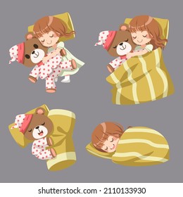 Vector cartoon illustration sleeping concept. Adequate sleep is the best rest. The girl slept in her bed, hugged her favorite teddy bear and slept happily. 