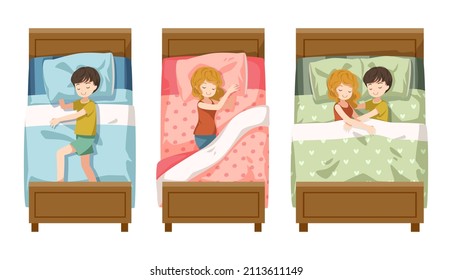 Vector cartoon illustration sleeping concept. Adequate sleep is the best rest. Husband and wife sleep sweet dreams in bed in his home. 