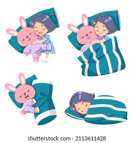 Vector cartoon illustration sleeping concept. Adequate sleep is the best rest. The girl slept in her bed, hugged her favorite rabbit doll and slept happily.