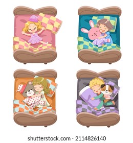 Vector cartoon illustration sleeping concept. Adequate sleep is the best rest. The girl and boy slept in her bed and he hugged his favorite doll and slept happily. 