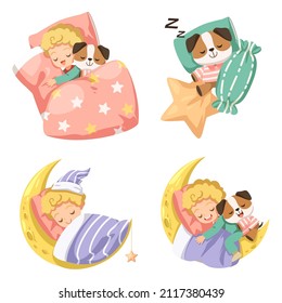 Vector cartoon illustration sleeping concept. Adequate sleep is the best rest. The boy slept in his bed, hugged her favorite dog doll and slept happily.