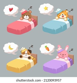 Vector cartoon illustration sleeping concept. Adequate sleep is the best rest. The Animals sleep in sweet dreams about their favorite food in their bed.